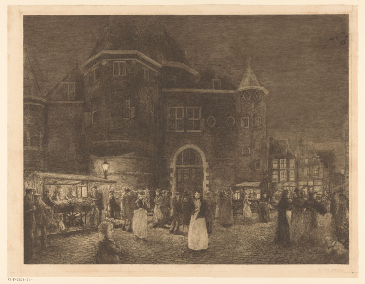 Market at the Waag on the Nieuwmarkt in Amsterdam at Evening by Gerrit Haverkamp (signed by artist)
