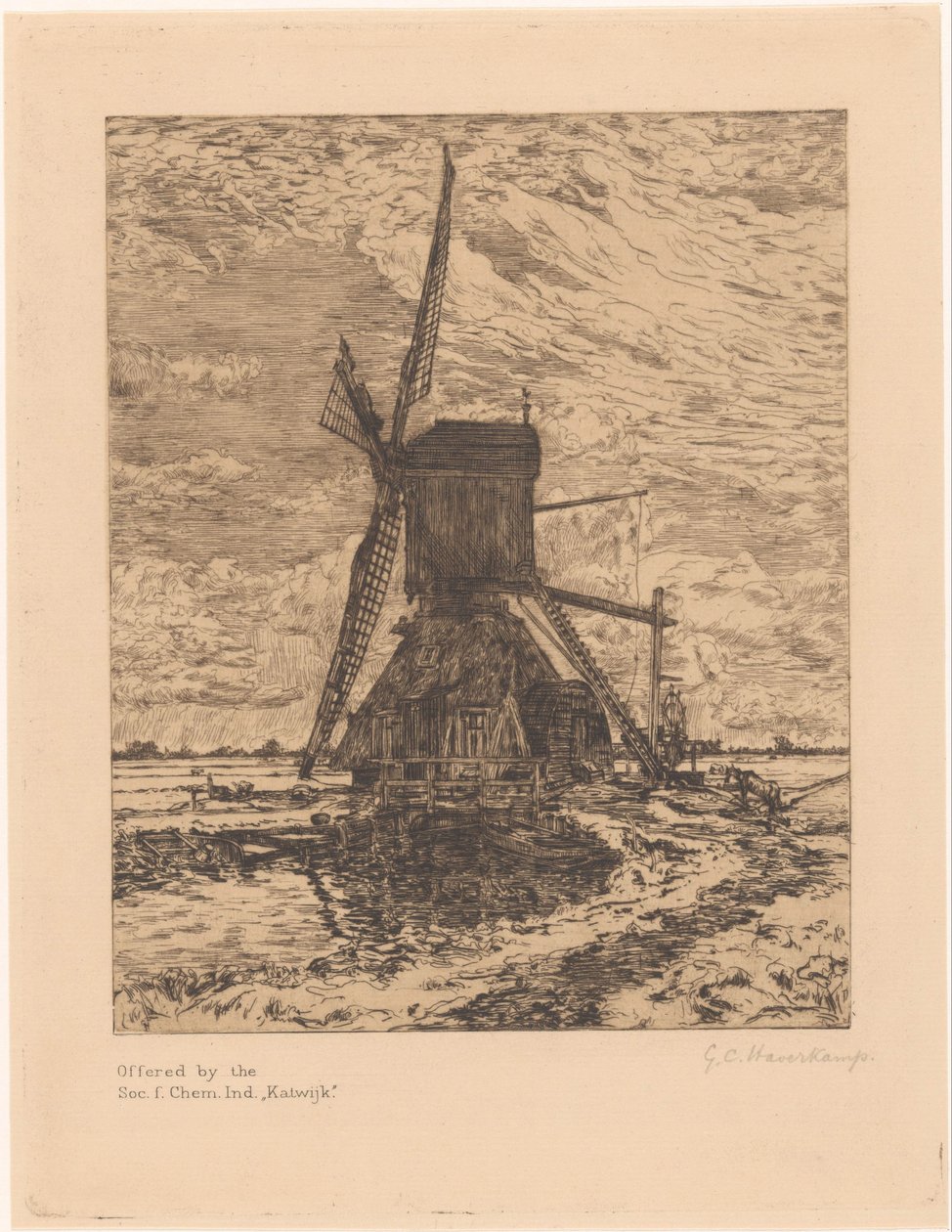 Mill in a Flat Landscape by Gerrit Haverkamp (signed by artist)
