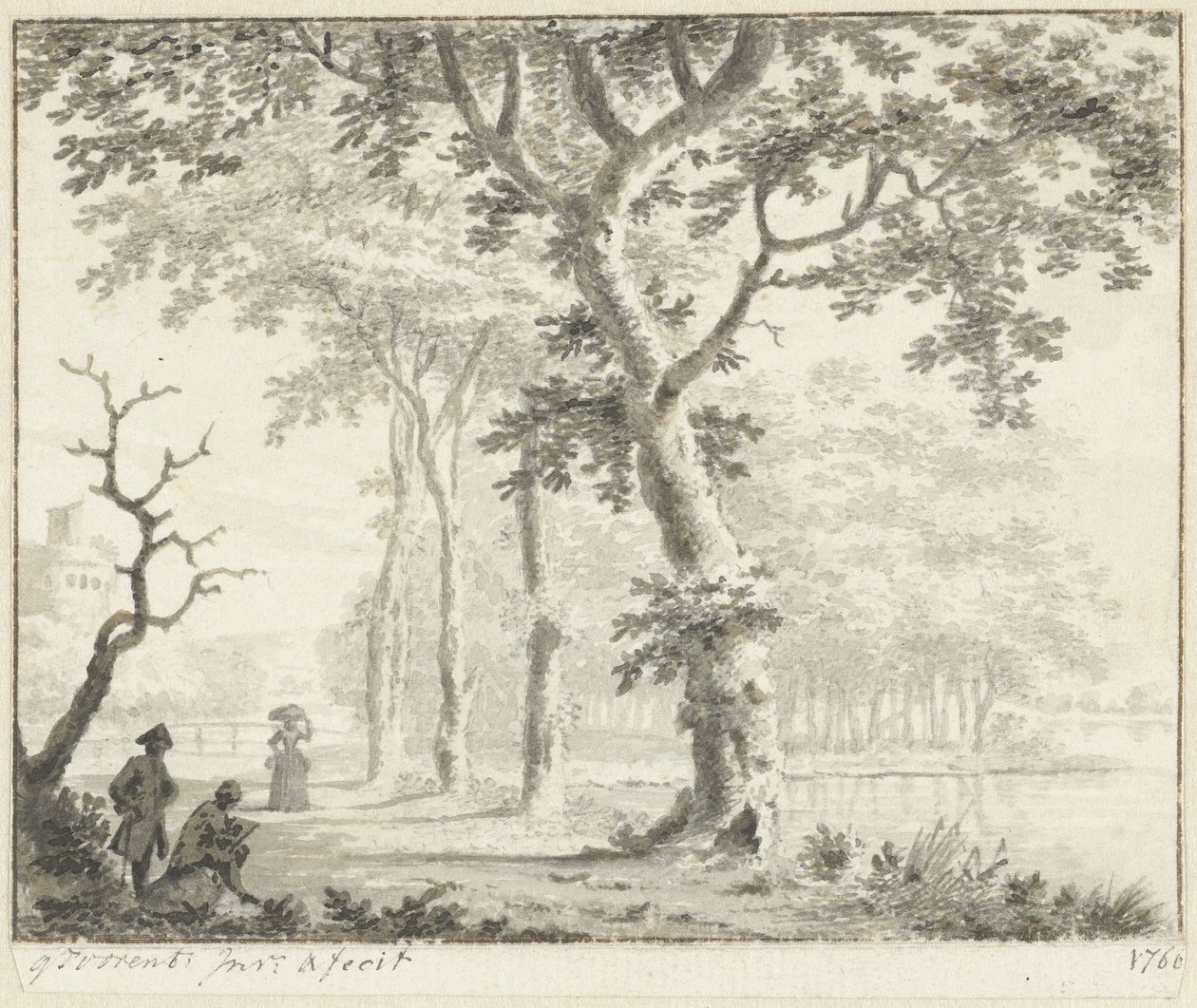 Trees by the Waterside and a Draftsman by Gerrit Toorenburgh