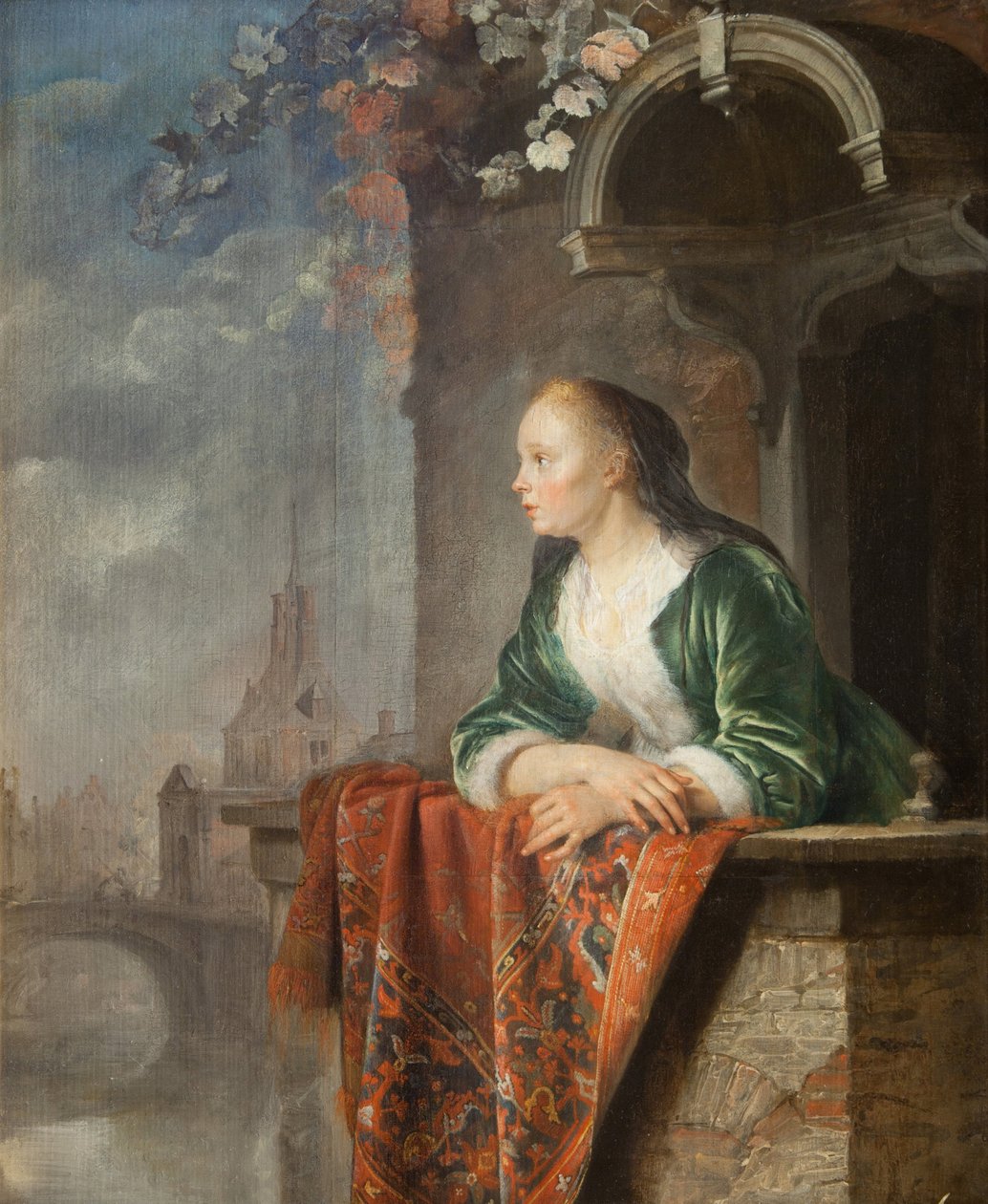 Young woman on a balcony by Gerrit Dou