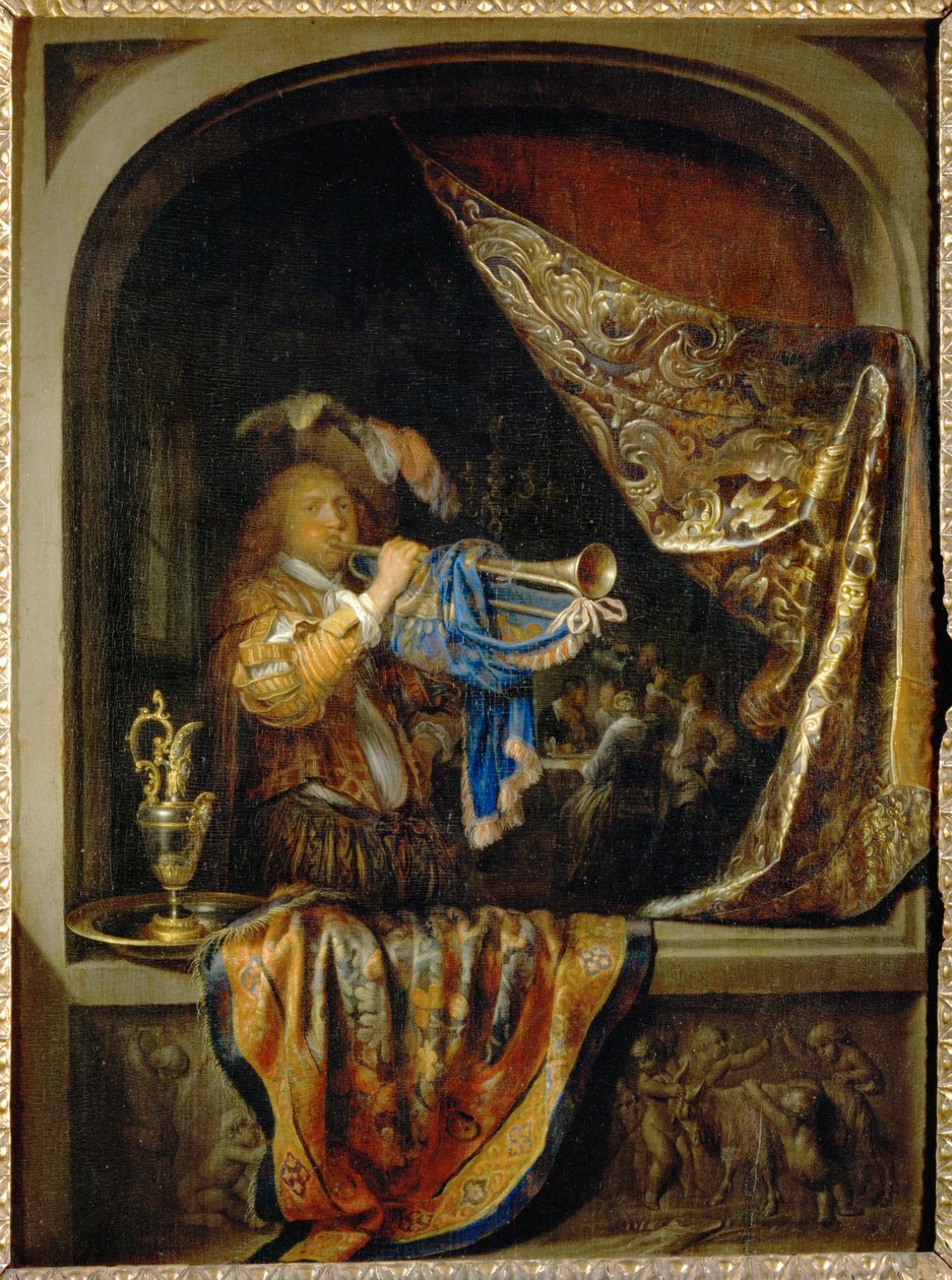 The Trumpeter, in the Background a Feast by Gerrit or Gerard Dou