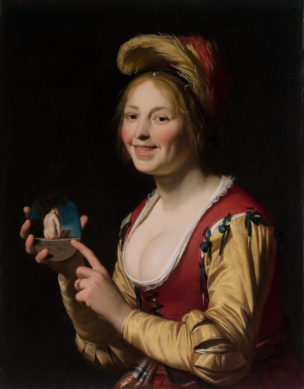 Smiling Girl, a Courtesan, Holding an Obscene Image by Gerrit van Honthorst