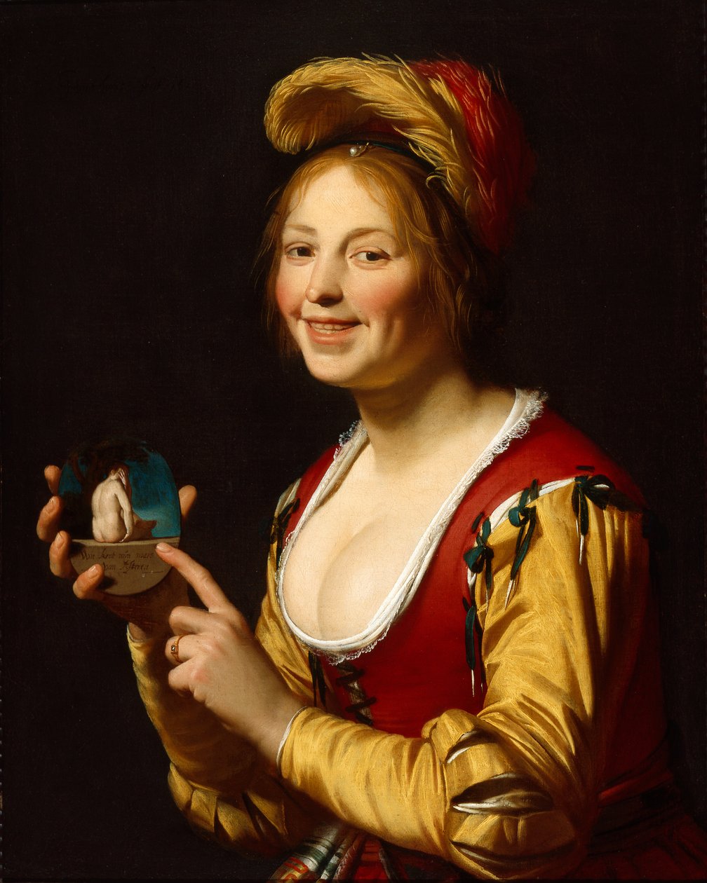 Smiling Girl, a Courtesan, Holding an Obscene Image by Gerrit van Honthorst