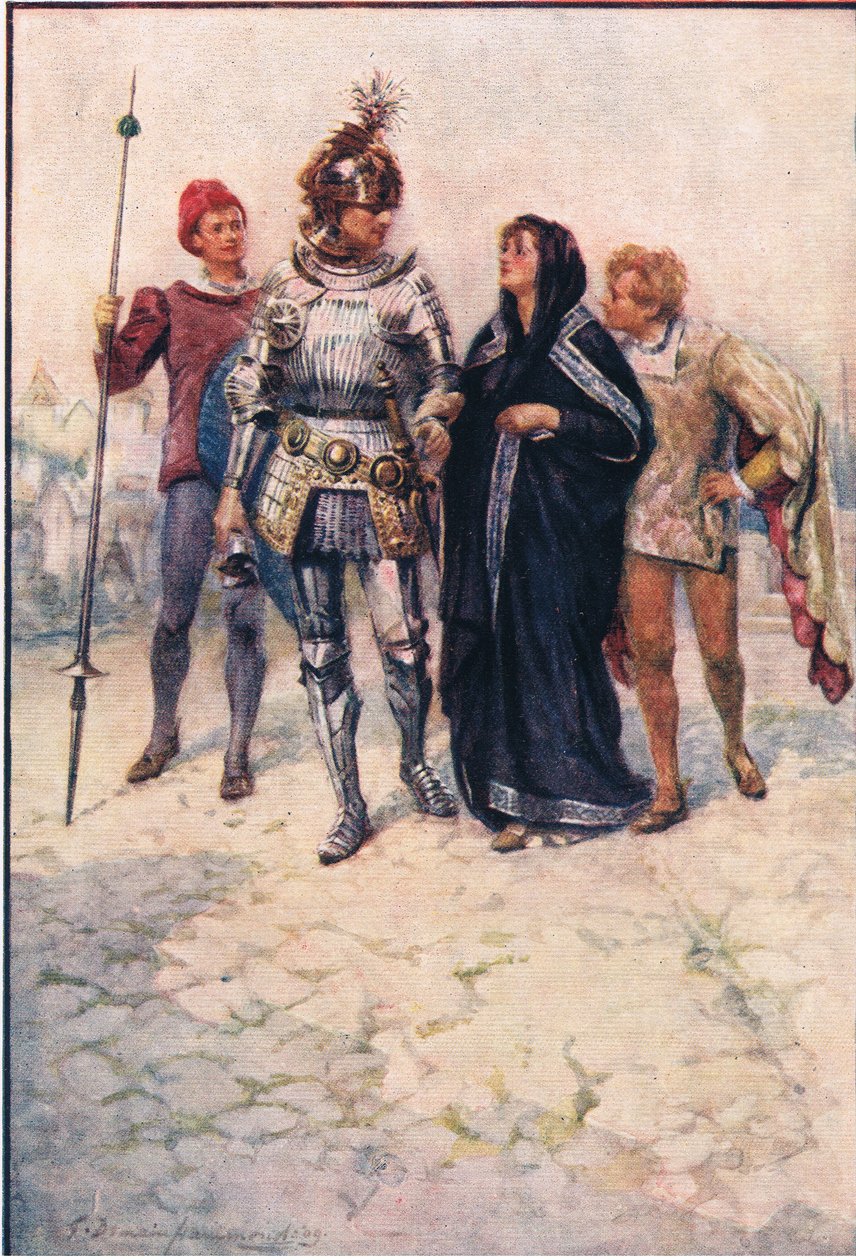 Prince Arthur leads Belge and her sons into the castle, Stories from the Faerie Queen published by George Harrap and Company by Gertrude E. Demain (after) Hammond