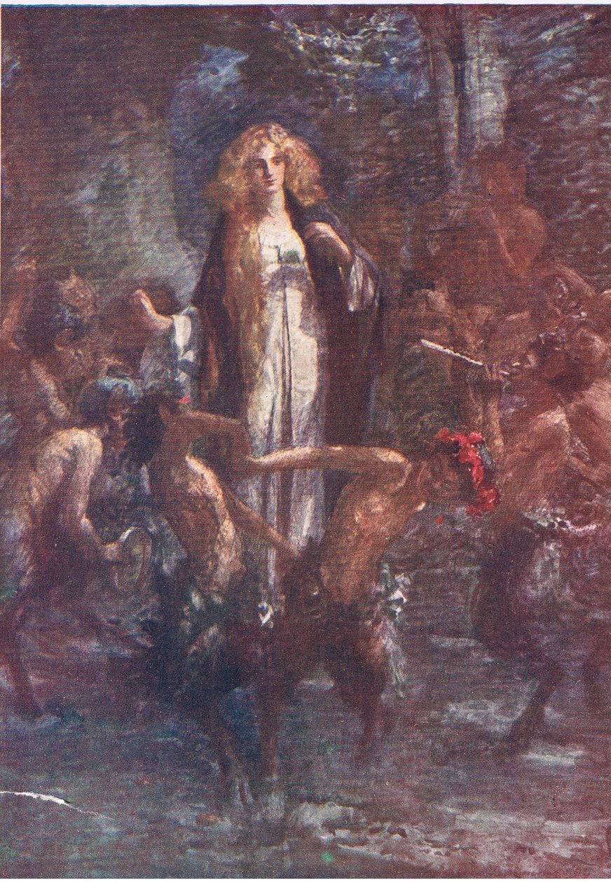 The satyrs danced round her in glee, Stories from the Faerie Queen published by George Harrap and Company by Gertrude E. Demain (after) Hammond