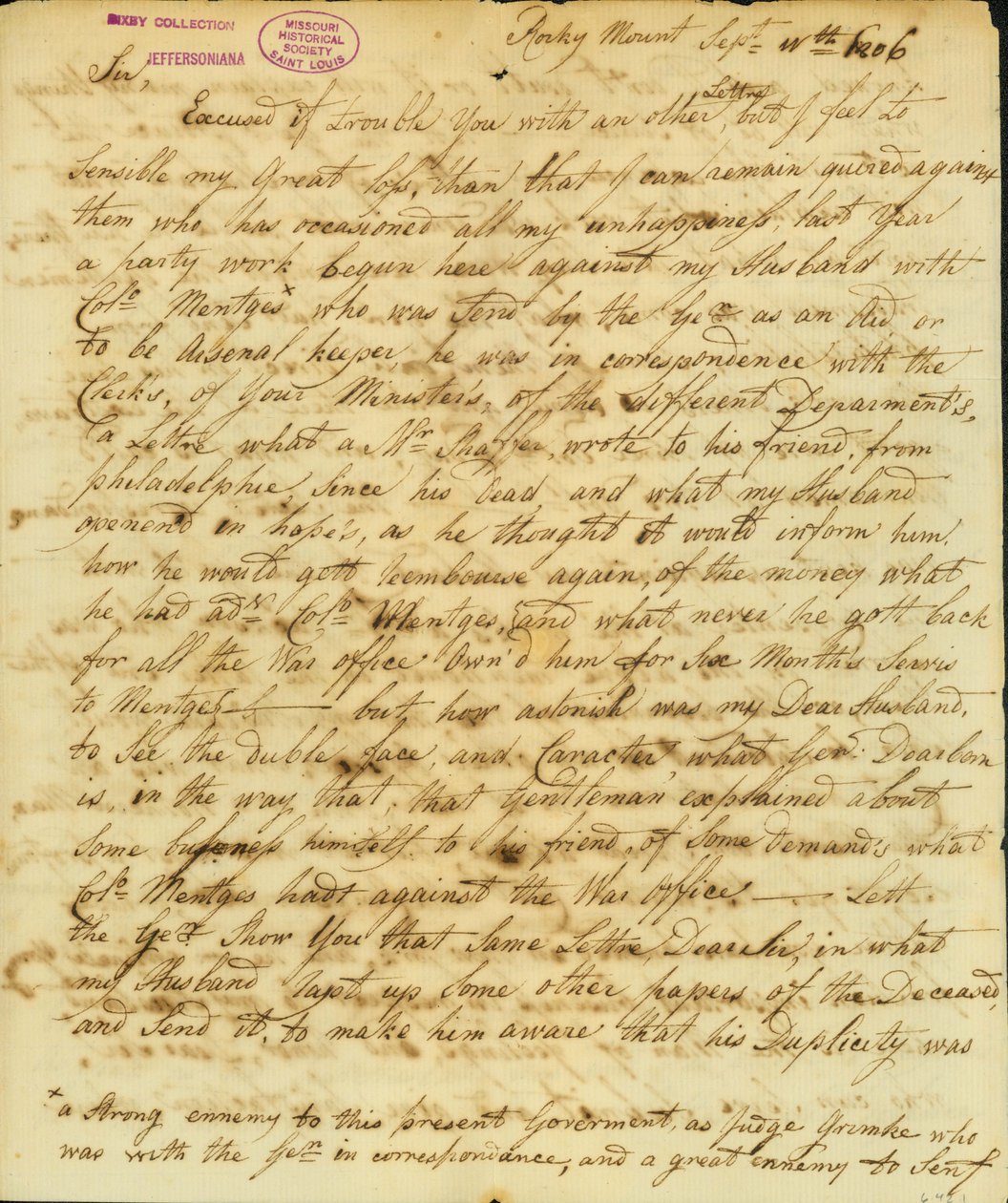 Letter signed Gertrude Joan Senf, Rocky Mount, to Thomas Jefferson, September 11, 1806 by Gertrude Joan Senf
