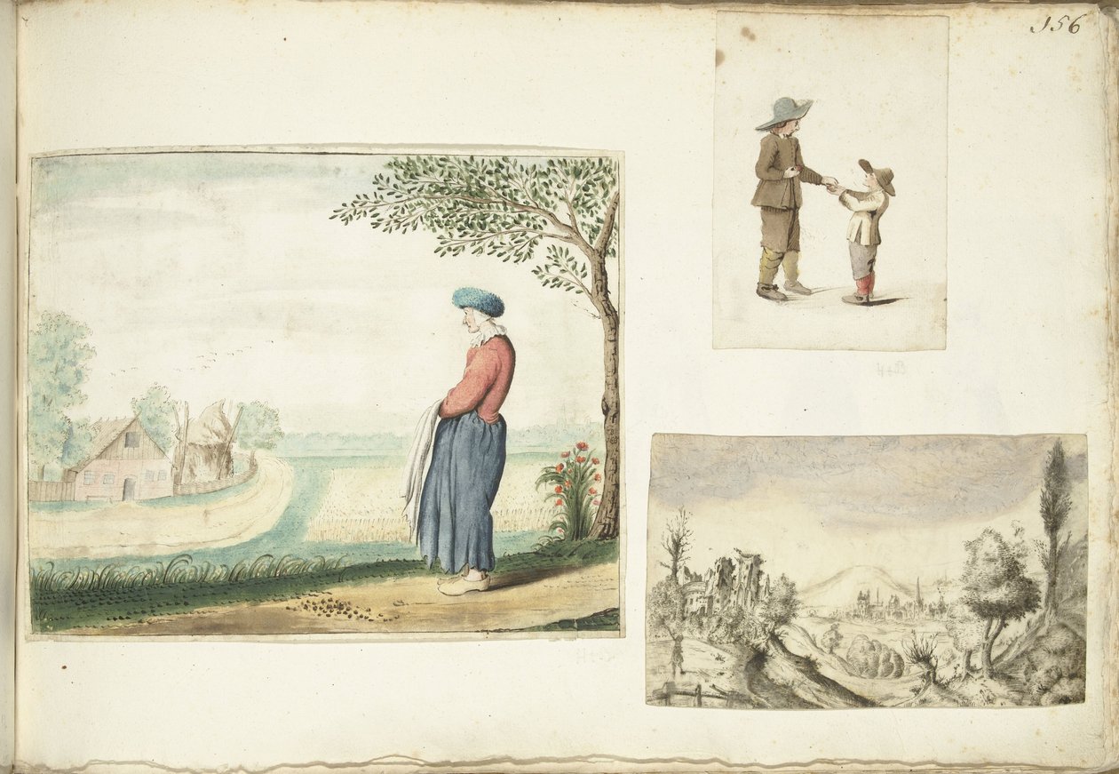 Peasant Woman, Boys with Apples, and a Hilly Landscape by Gesina ter Borch