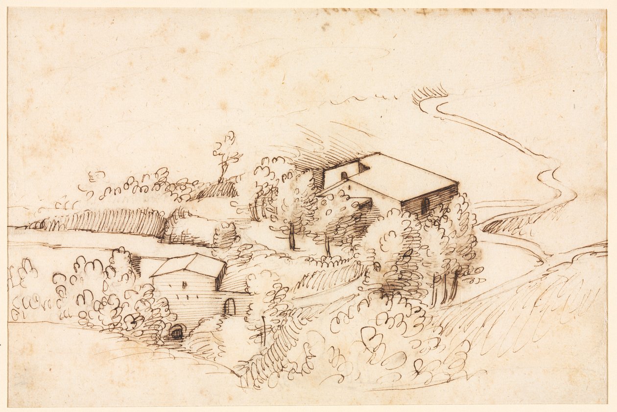 Farm with Trees in a Hilly Landscape (verso) by Gherardo Cibo