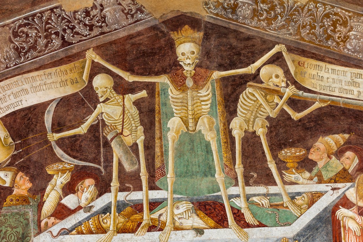 Death standing on a sarcophagus where the dead Pope and the Emperor lie (detail) by Giacomo Borlone de Buschis