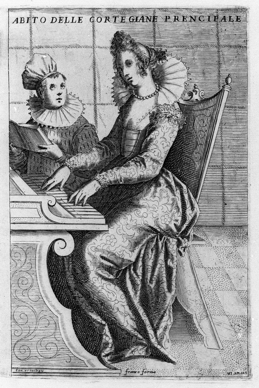 A courtesan in elegant dress playing the piano. Engraving by Giacomo Franco from 