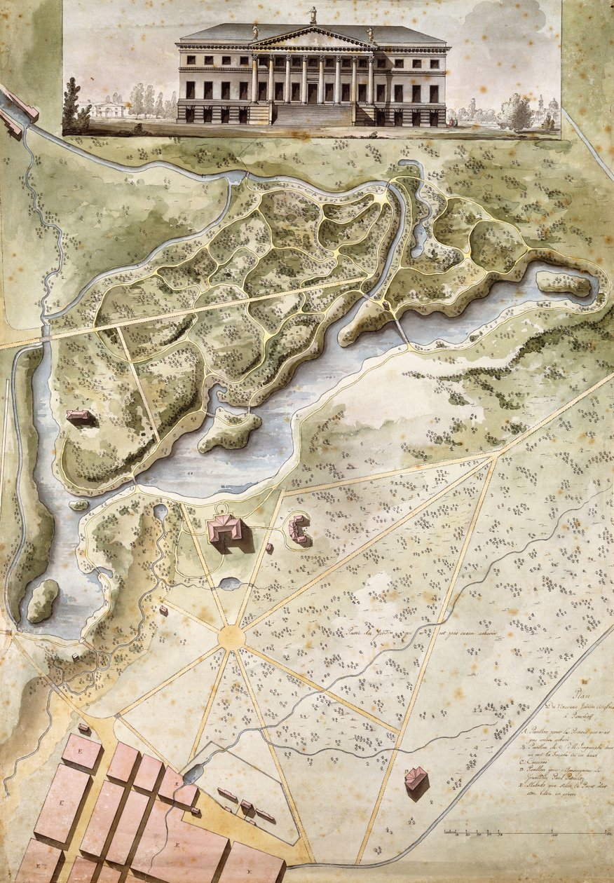 Peterhof, Russia: Elevation of the English Palace and Plan of the Park by Giacomo Quarenghi