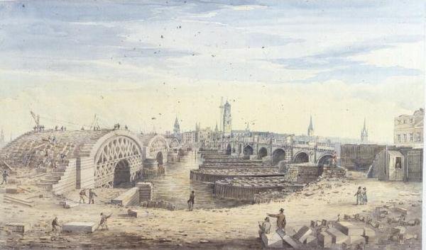 Construction of the new London Bridge alongside the old London Bridge by Gideon Yates