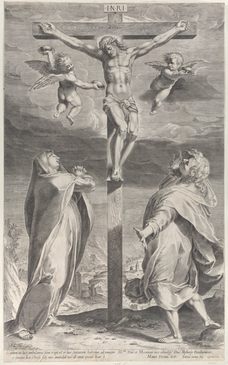 Crucifixion with the Virgin Mary and Saint John the Evangelist, Angels Overhead by Gijsbert Van Veen