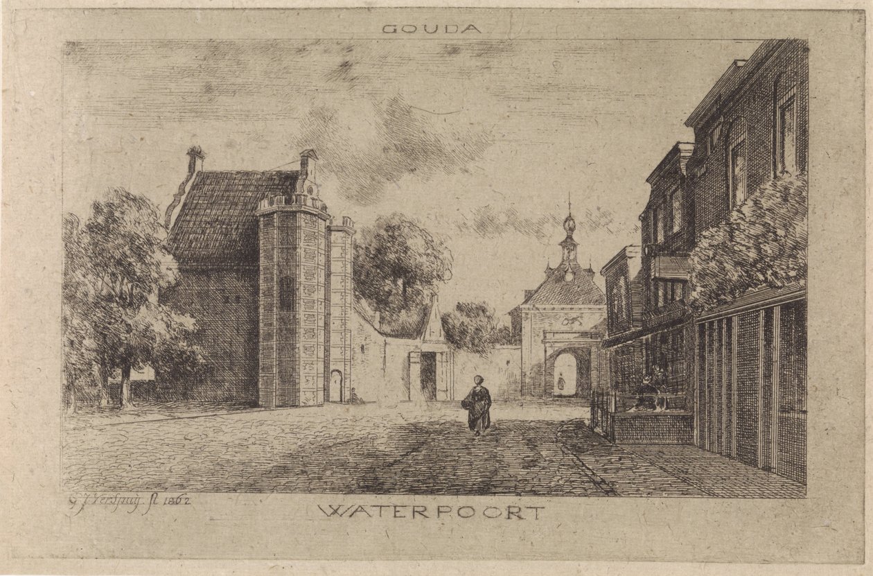 View of the Water Gate in Gouda by Gijsbertus Johannes Verspuy