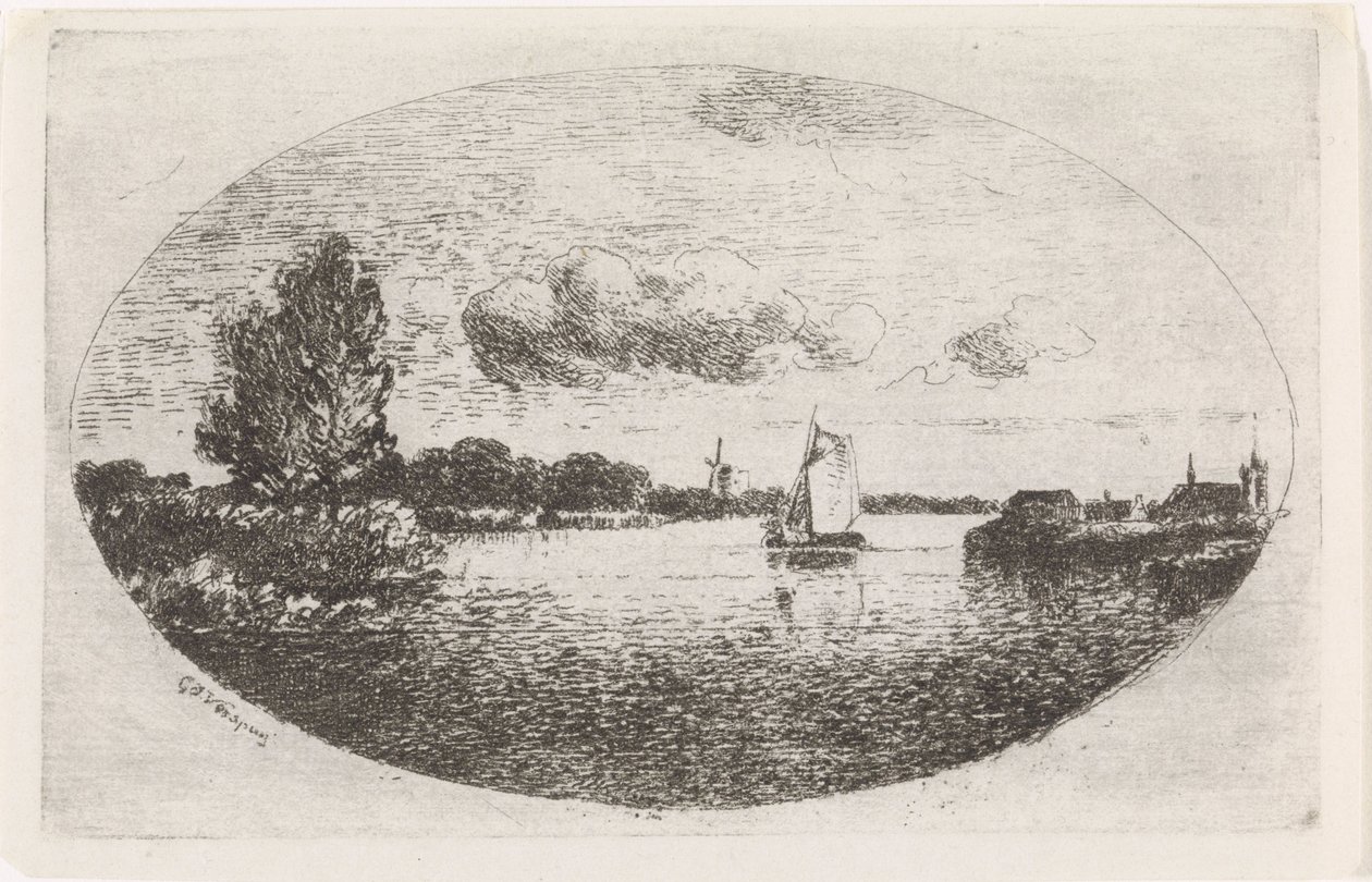 River View with a Sailing Ship by Gijsbertus Johannes Verspuy