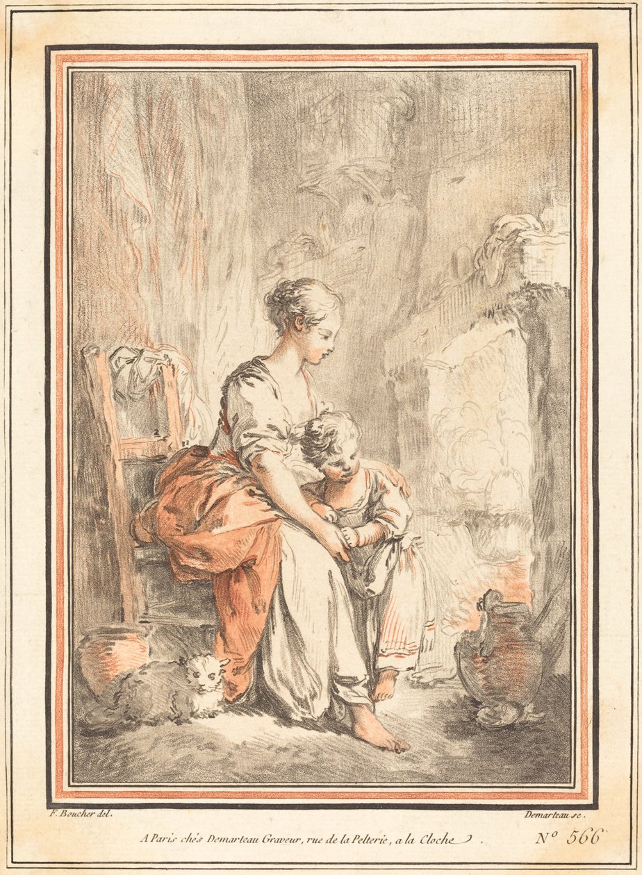 Woman and Child before a Fireplace by Gilles Antoine Demarteau after François Boucher