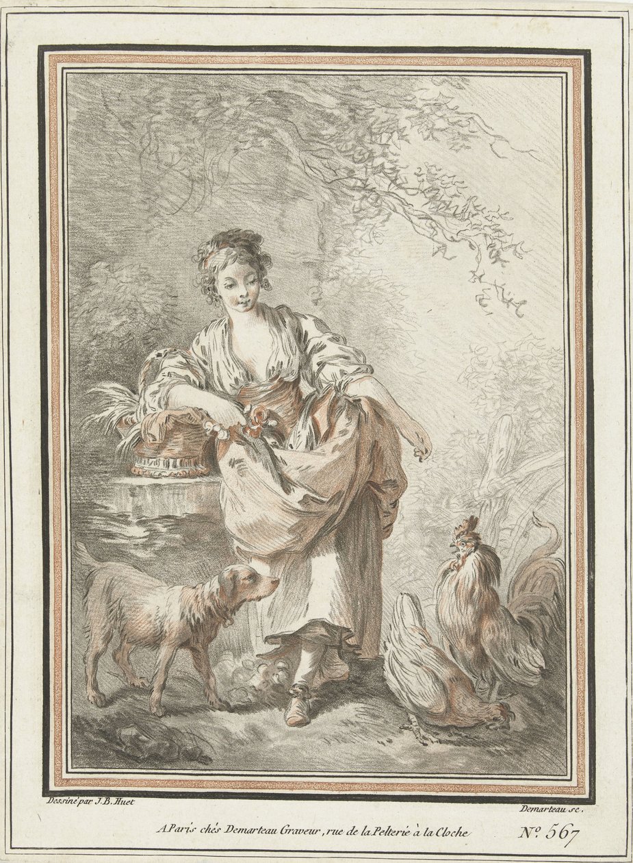 Young Woman with Dog and Rooster and Hen by Gilles Demarteau