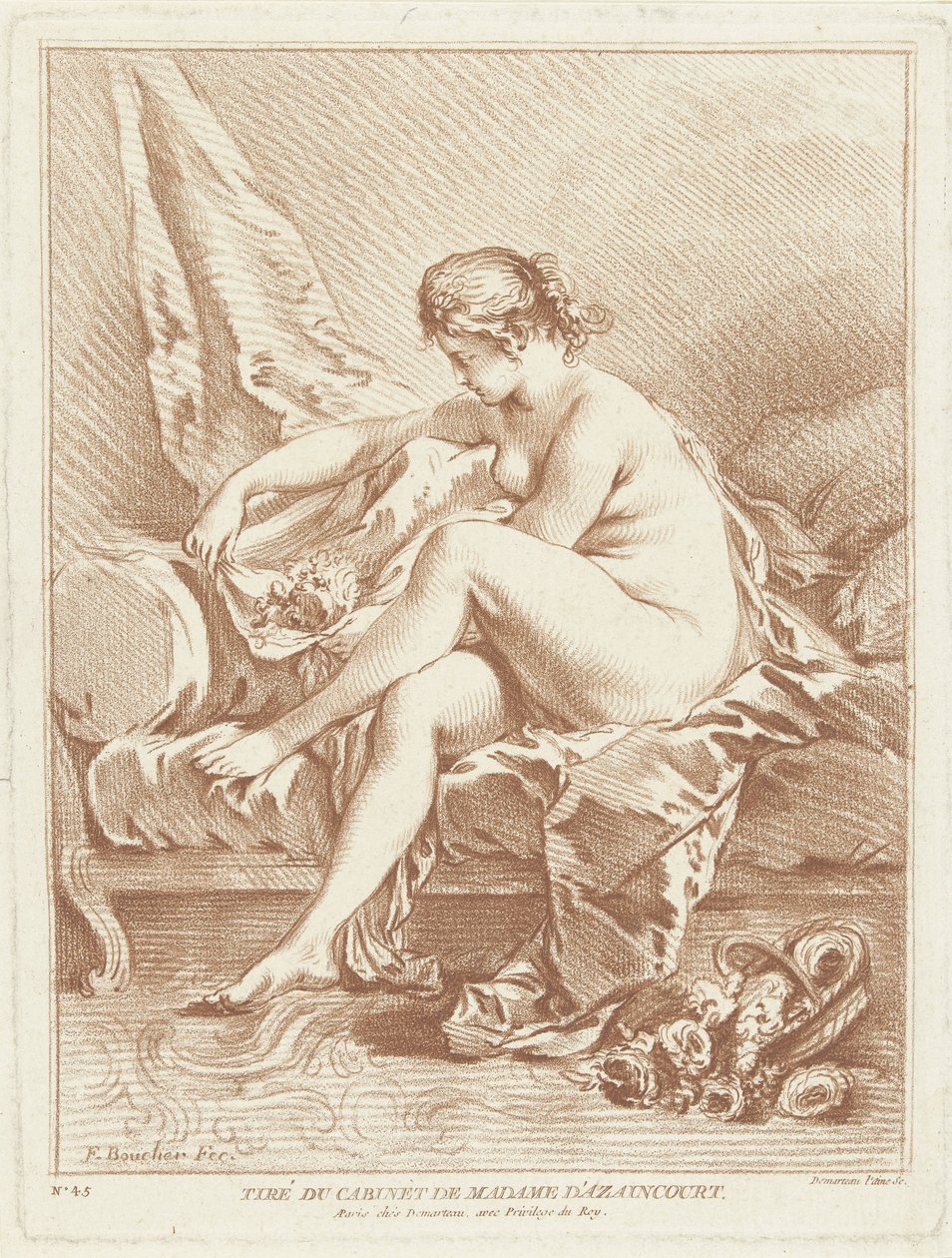 Naked Woman Sitting on Bed with Flowers by Gilles Demarteau