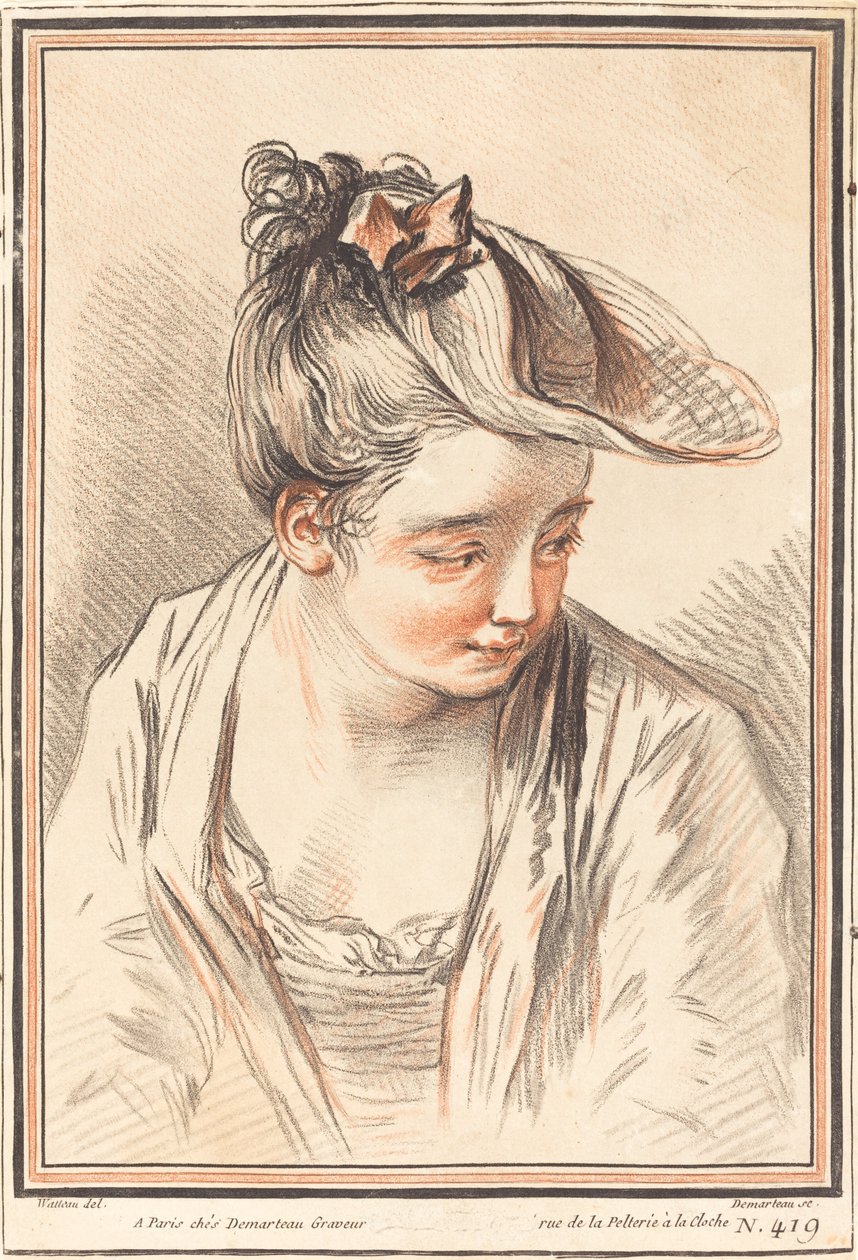 Head of a Young Woman by Gilles Demarteau, the Elder after Antoine Watteau