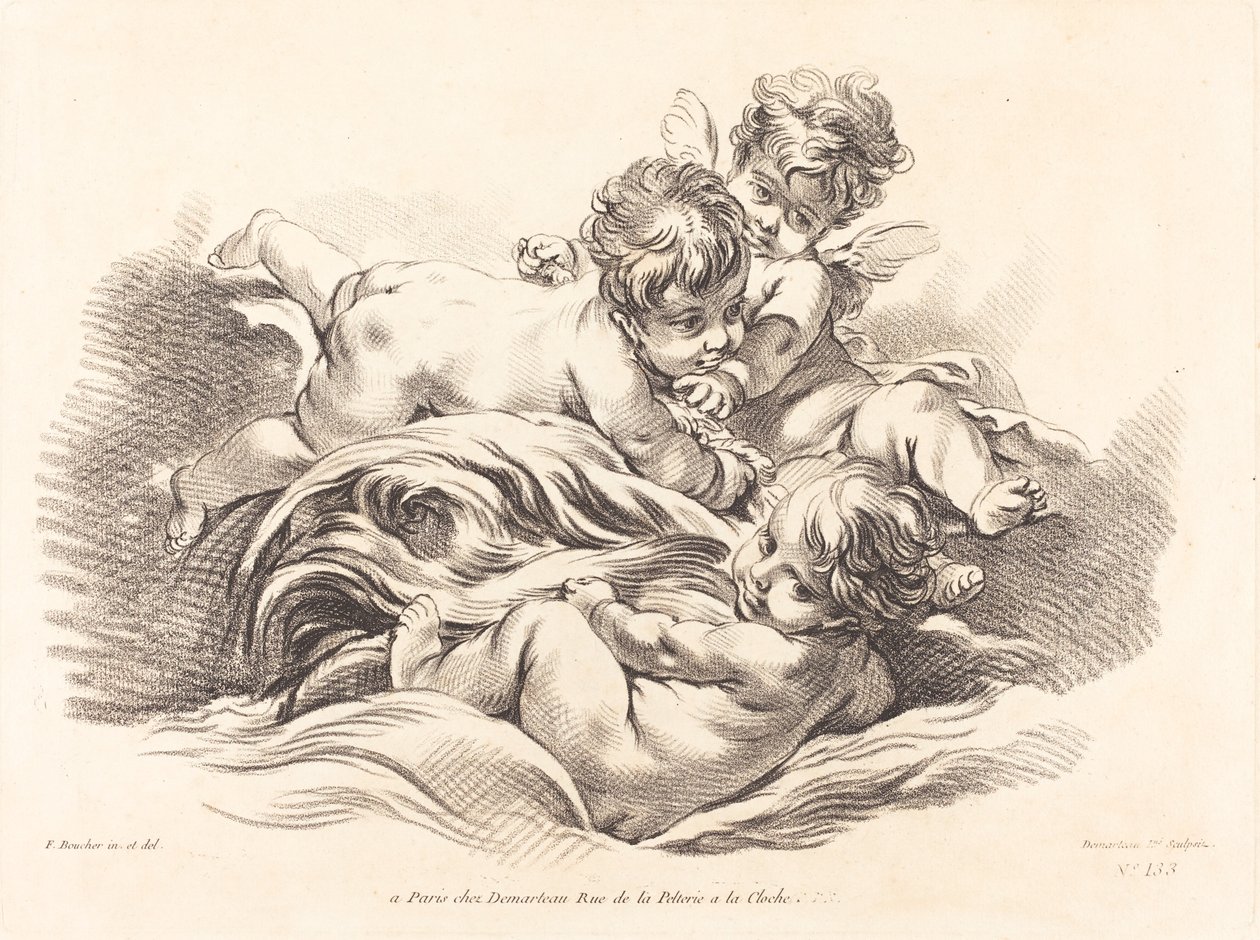 Three Cherubs Playing on Dolphin Like Wave by Gilles Demarteau, the Elder after François Boucher