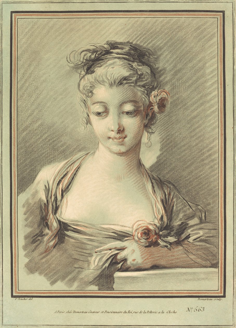 Young Woman with a Rose by Gilles Demarteau, the Elder after François Boucher