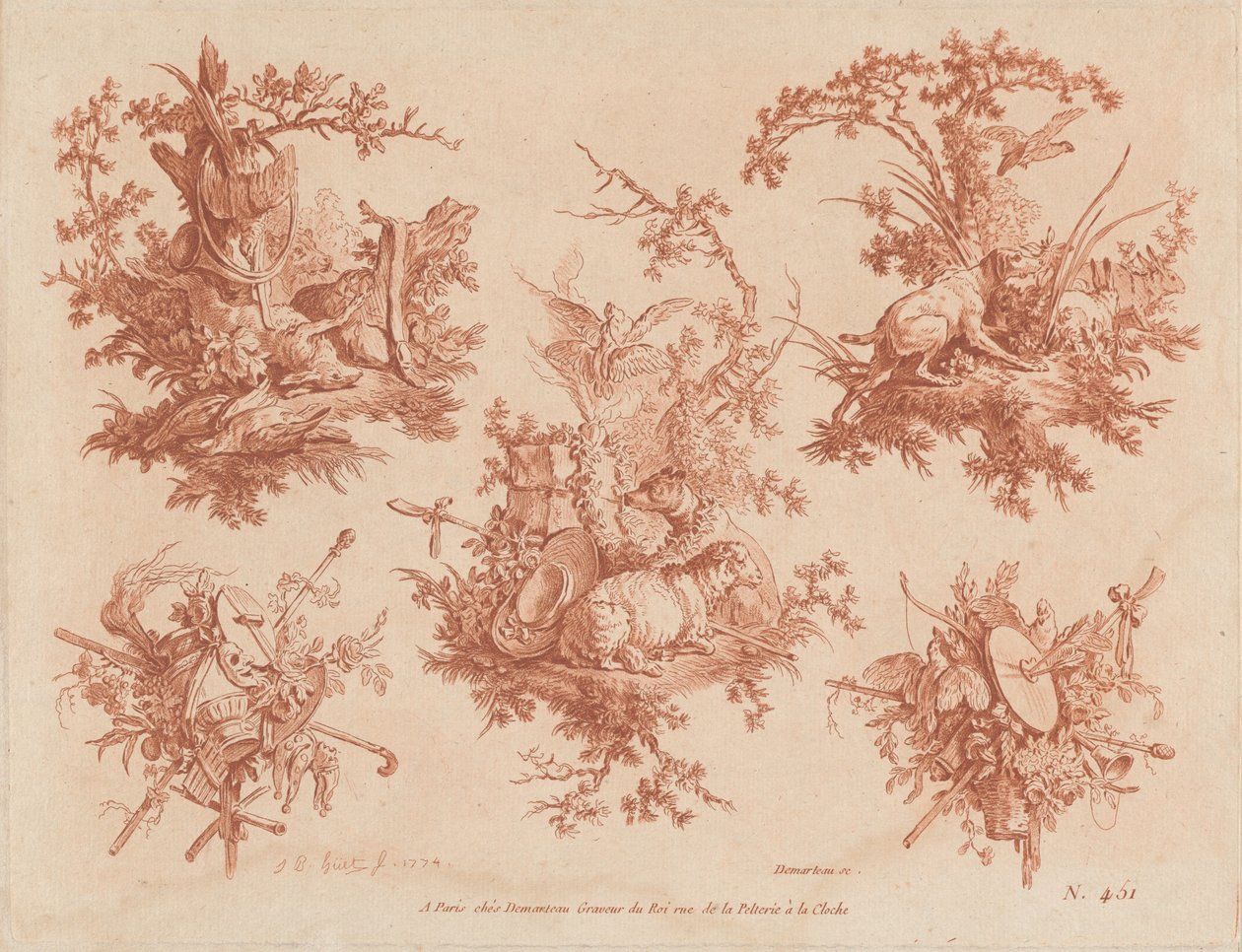 Five Trophies with Themes of Hunting, Love, and Folly by Gilles Demarteau, the Elder, and Jean Baptiste Hüet