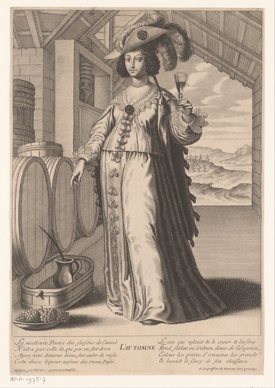 Lady with a Glass of Wine by Wine Barrels, Overlooking a Vineyard (Autumn) (Four Seasons) by Gilles Rousselet