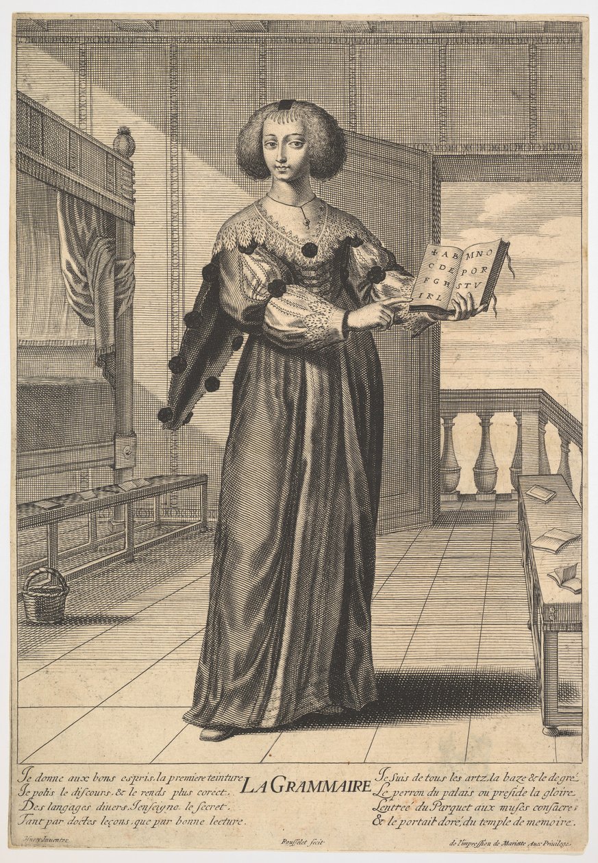 Grammar: A Young Woman Standing in a Decorated Interior Holding an Open Book in Her Left Hand by Gilles Rousselet