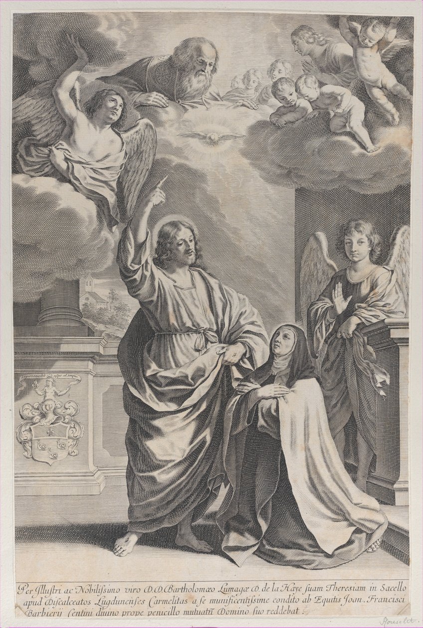 Saint Theresa praying alongside Christ, who points upwards to God the Father by Gilles Rousselet