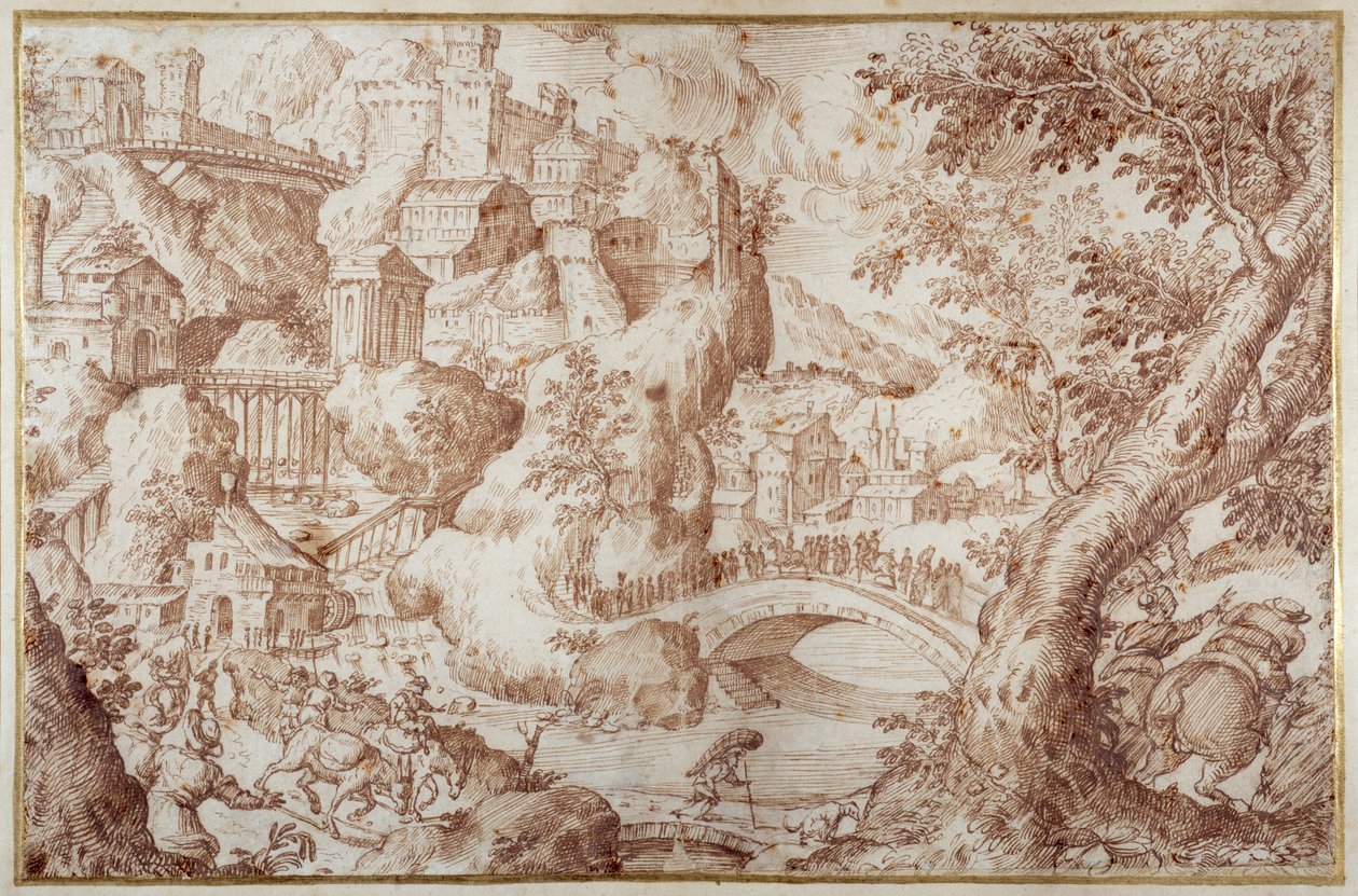 Fantastic Mountainous Landscape with Bridges Spanning Ravines, a City and Travellers by Gillis van Valckenborch