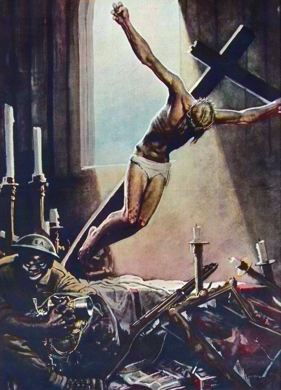 Anti American WWII Poster - Black American Pillaging Church - Poster by Gino Boccasile - Italian Propaganda Anti USA 1943 by Gino Boccasile