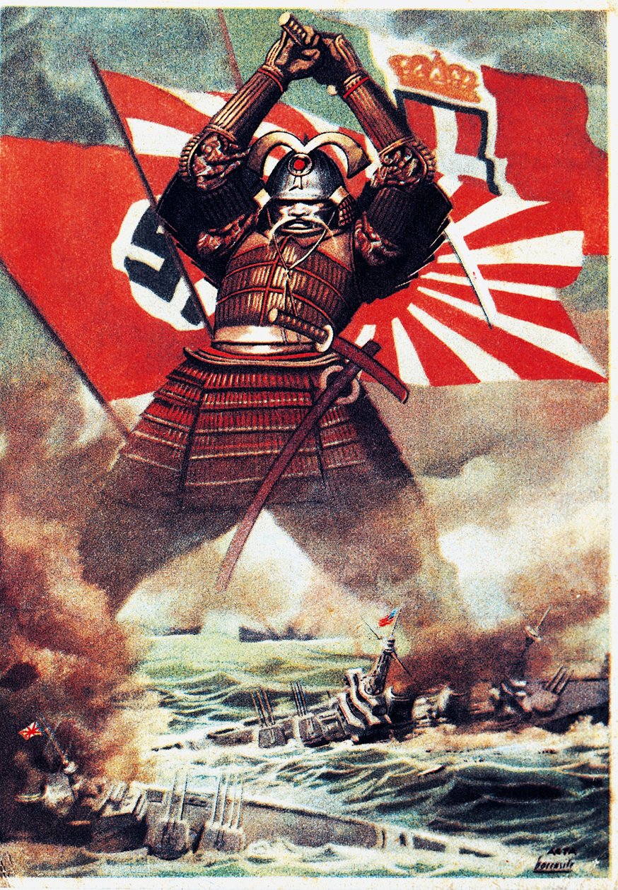 Japanese samurai sinking American fleet at Pearl Harbor (7 December 1941), poster by Gino Boccasile, World War II, Italy, 20th century by Gino Boccasile