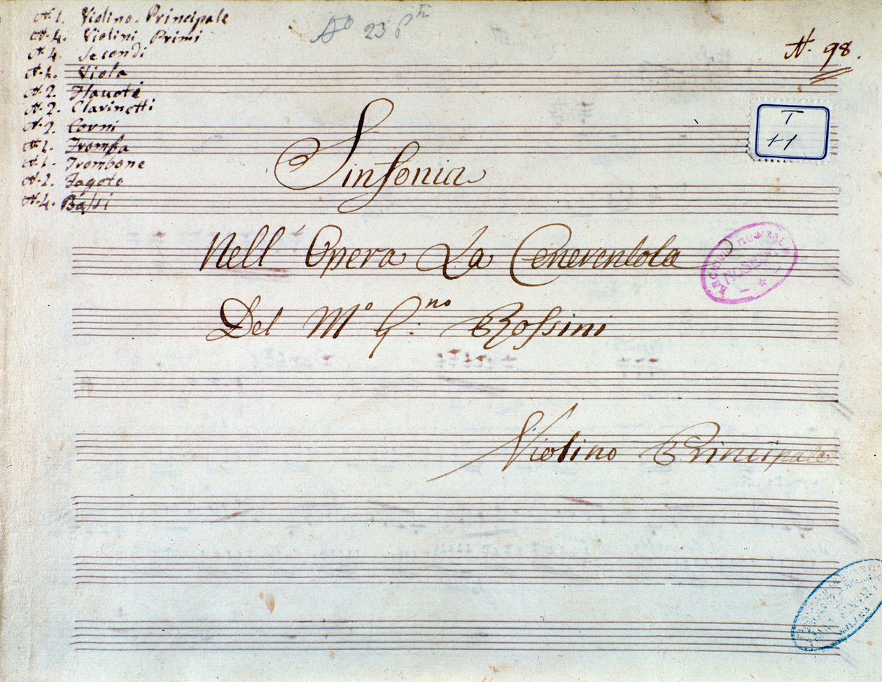 Title page of musical score of violin for symphony in Cinderella, or Goodness Triumphant by Gioacchino Rossini by Gioachino Rossini