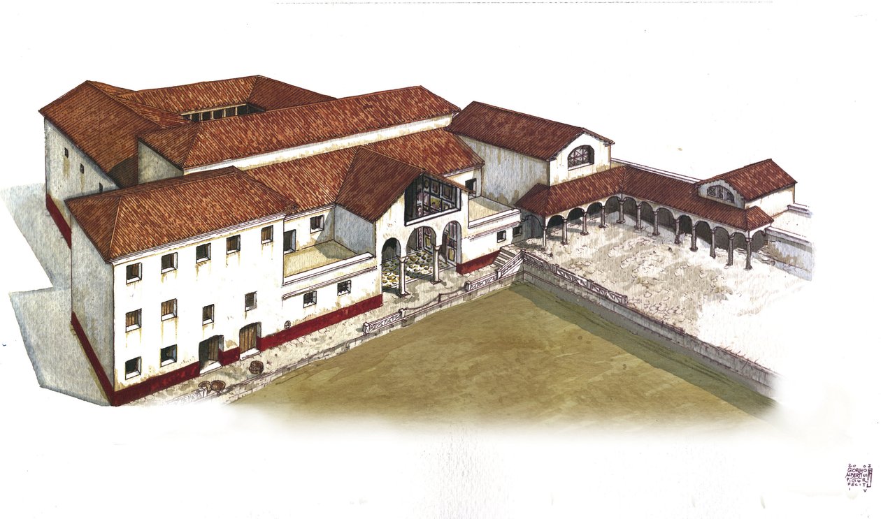 Ancient Rome: reconstruction of the Villa of the Lions in Ostia Antica, 3rd century BC, Italy. Illustration by Giorgio Albertini. by Giorgio Albertini