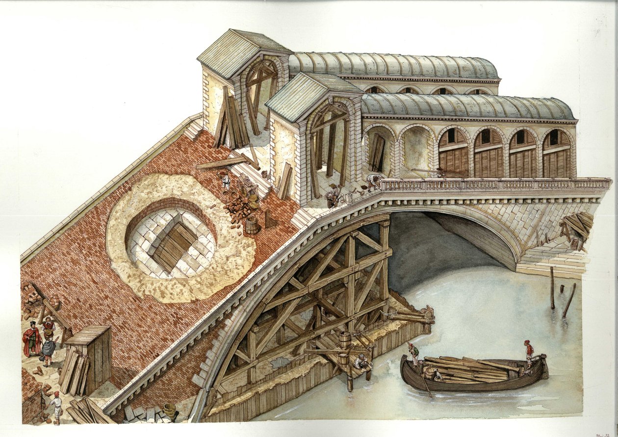 Architecture: Construction Site of the Rialto Bridge 1588-1591, Venice, Italy. Illustration by Giorgio Albertini by Giorgio Albertini
