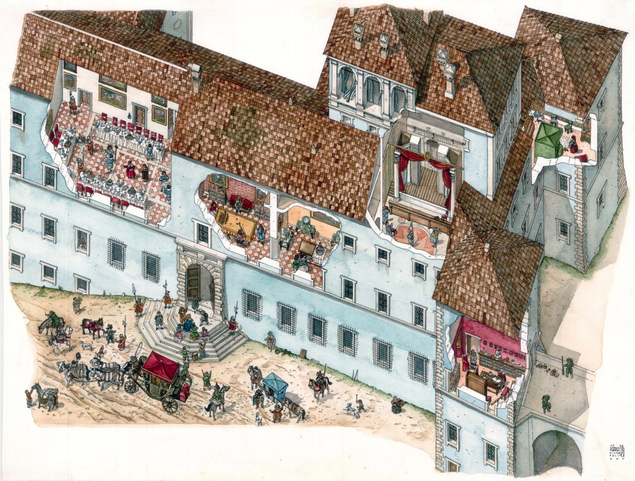 Baroque art: view and architectural section of the Chigi Palace in Ariccia, Lazio, in the 17th century. The interior of the family rooms and the dependencies of the servants are visible. Italy by Giorgio Albertini