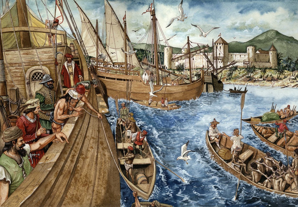 Colonization of the Gold Coast (Ghana) in Africa: Portuguese expedition on 21/01/1482, building the fort of Sao Jorge de Mina (Elmina) for gold and slave trade. Portuguese caravels along the African coasts. by Giorgio Albertini