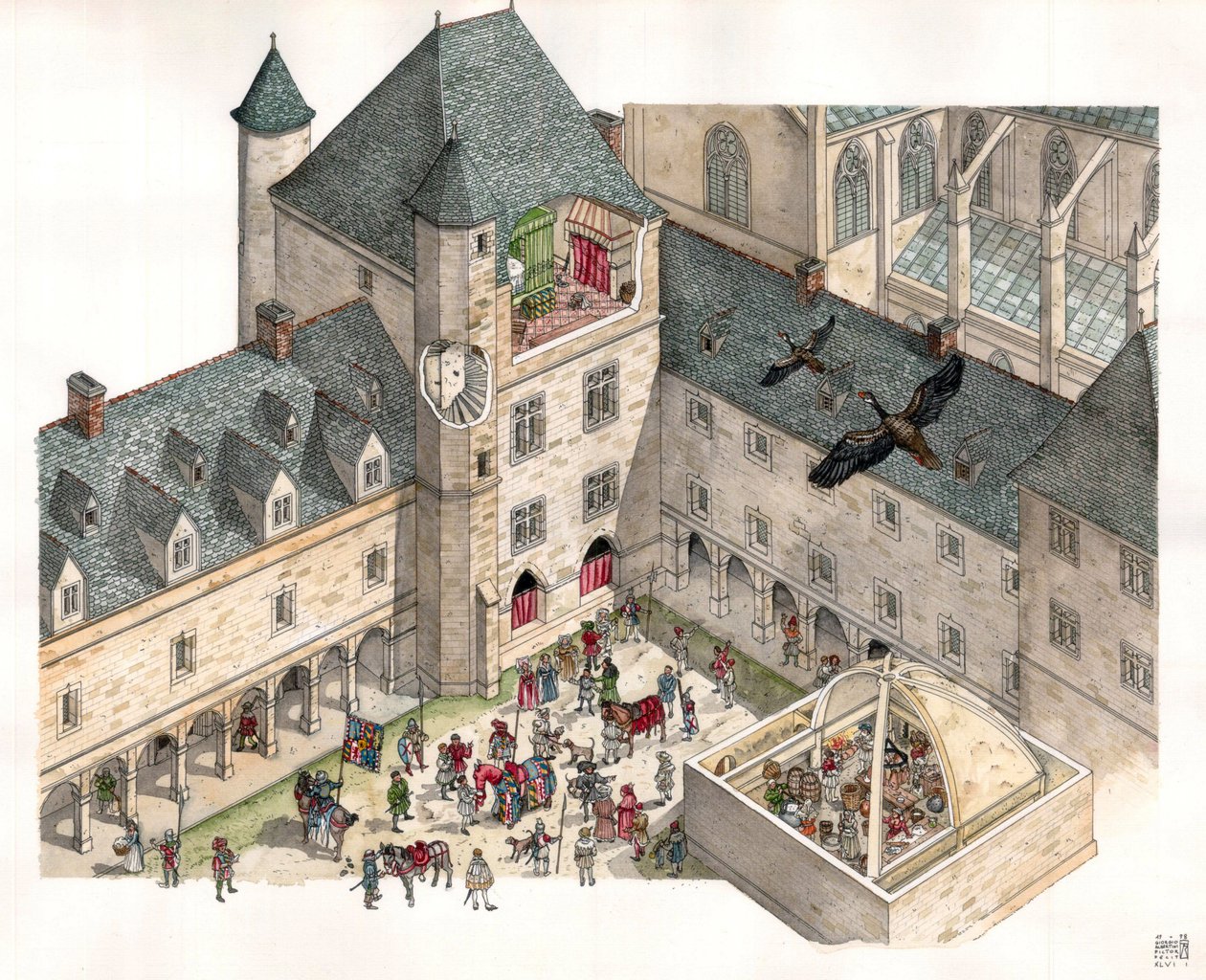 Middle Ages: Aerial View of the Palais des Dukes de Burgundy in Dijon in the 15th Century by Giorgio Albertini