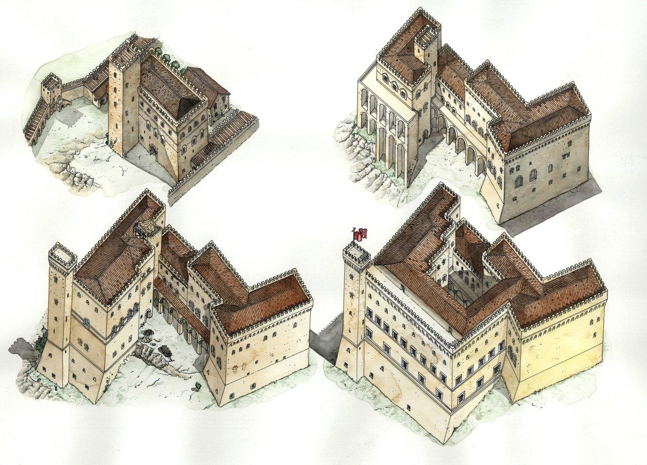 Middle Ages: aerial view of the construction phases of the Vatican Palace between the 12th and 15th century, Rome, Italy. by Giorgio Albertini
