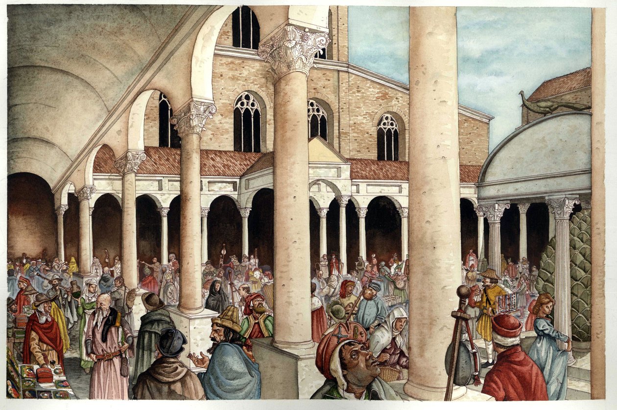 Middle Ages: fideles, pilgrims, traders, and Romans in the 13th century peristyle of the ancient Basilica of St. Peter, Rome. by Giorgio Albertini