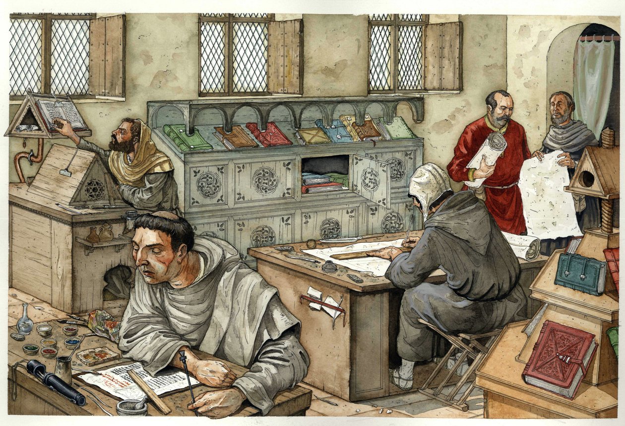 Middle Ages: Monks Copying Manuscripts in a Scriptorium, 13th Century ...