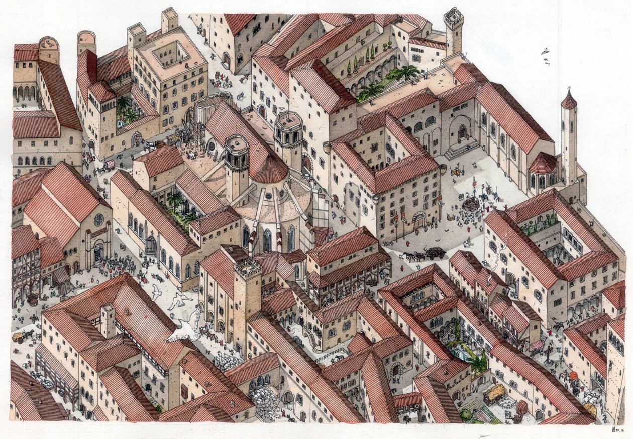 Middle Ages: reconstruction of the historic Barri Gotic district in Barcelona in the 14th century. The Cathedral of Saint Eulalia is visible. Illustration by Giorgio Albertini. by Giorgio Albertini