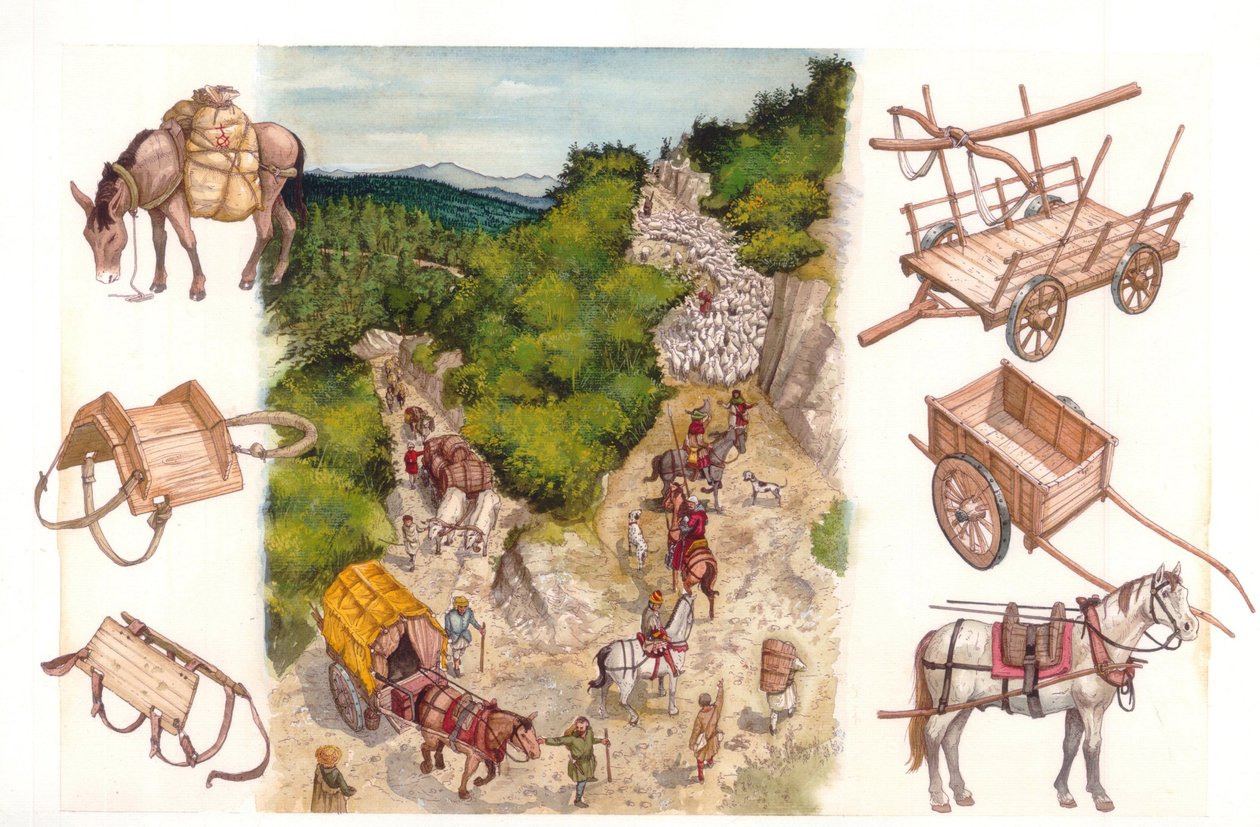 Middle Ages: representation of different types of land transport, movement of goods. by Giorgio Albertini
