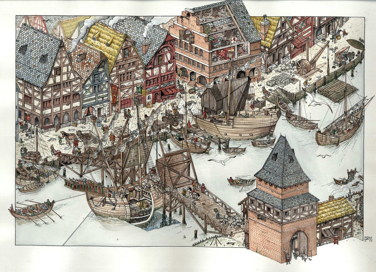 Middle Ages: View of Commercial Activities Around the Port in Lübeck, 14th Century, Germany by Giorgio Albertini