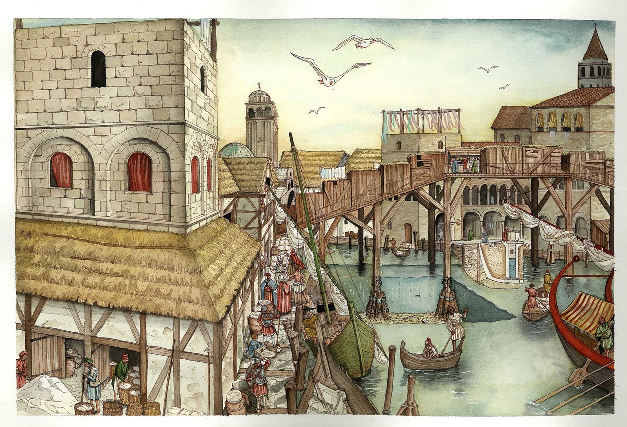 Middle Ages: view of the Rialto Bridge in the 11th century and activities in Venice, Italy. by Giorgio Albertini