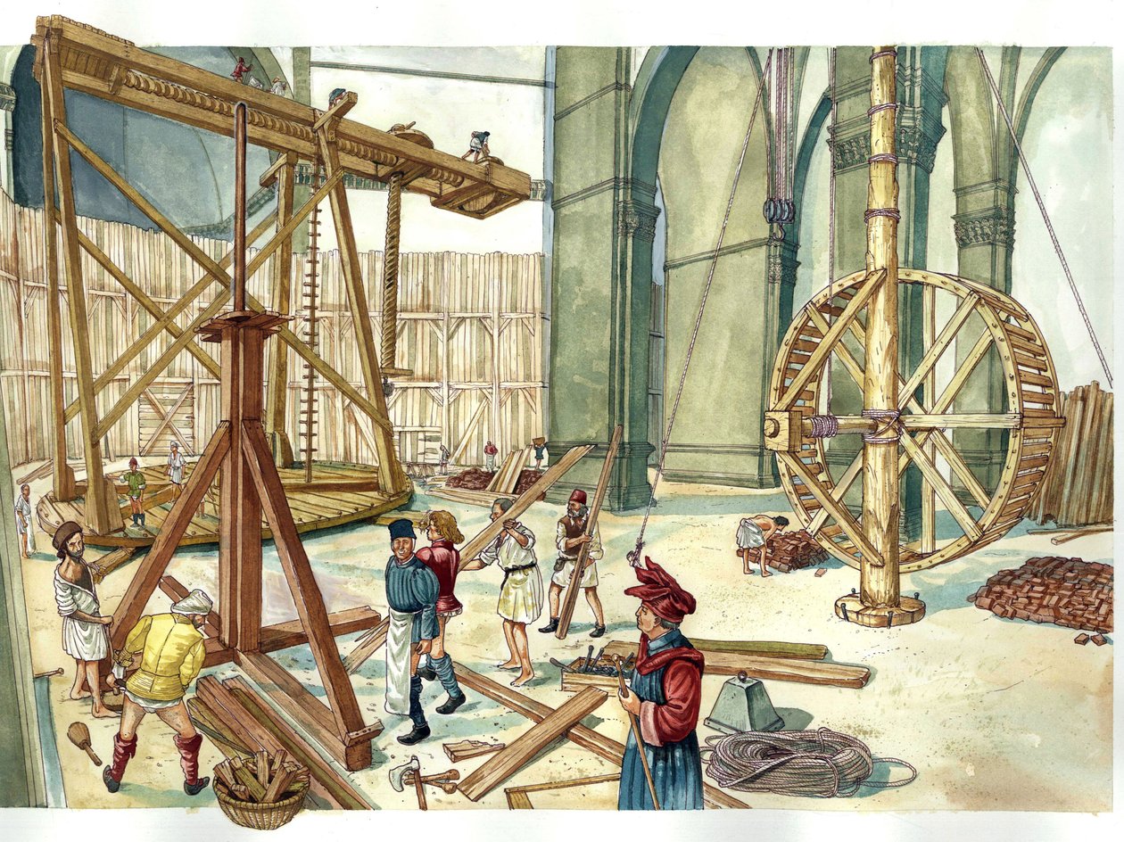 Renaissance: reconstruction of the construction site of the dome of Santa Maria del Fiore, designed by Filippo Brunelleschi, 1436, Florence, Italy. Illustration by Giorgio Albertini. by Giorgio Albertini