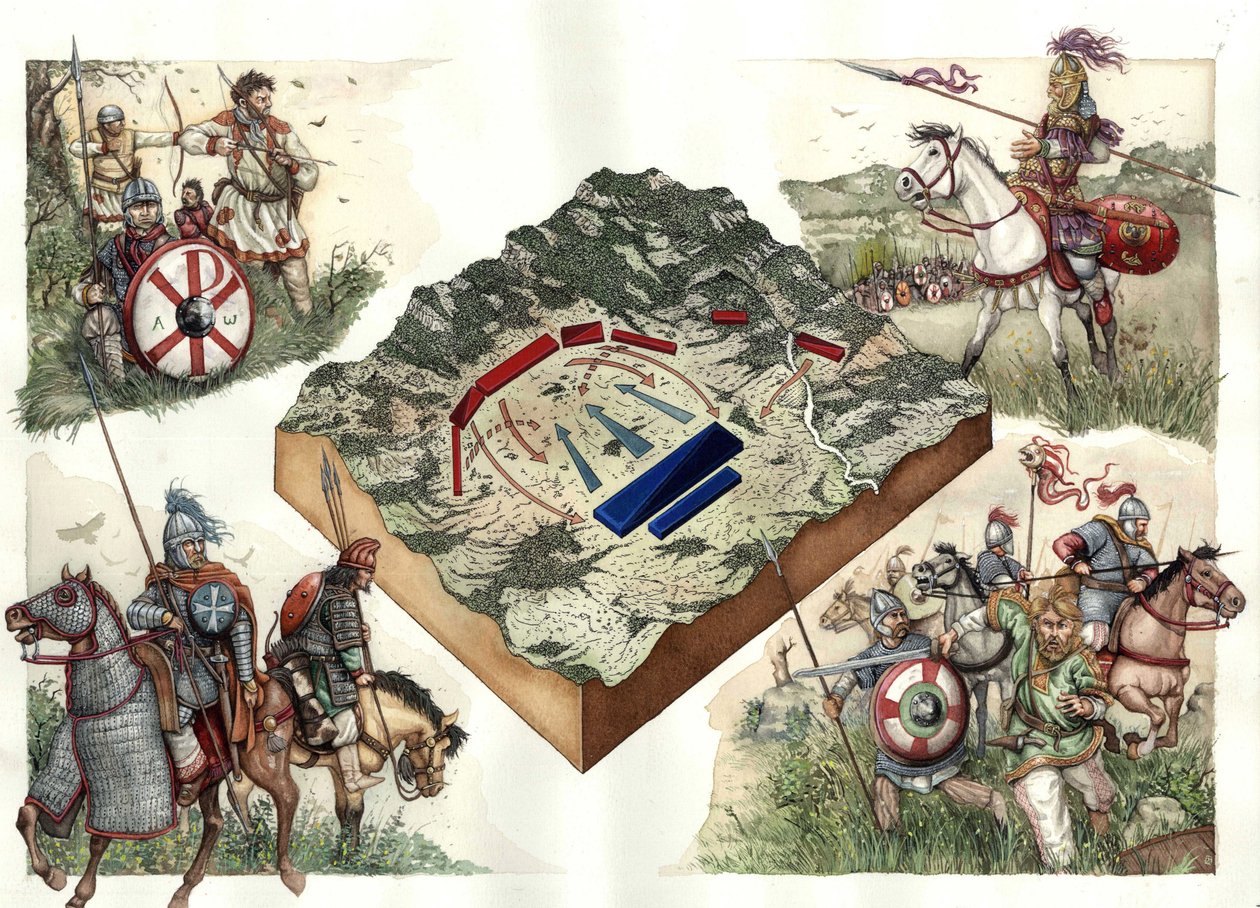 War of the Goths (535-553) between the Byzantines and the Ostrogoths: the Battle of Taginae in July 552, which allowed the Byzantines of Justinian to march over Rome from Ravenna. by Giorgio Albertini