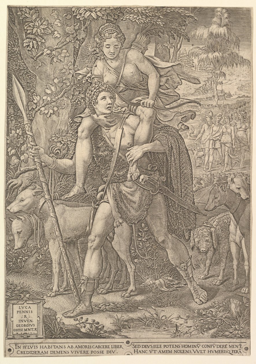 Allegory of the Hunt, a hunter holding a large spear carrying a woman Diana on his shoulder by Giorgio Ghisi