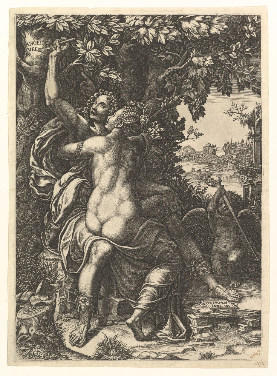 Angelica and Medoro, the Couple Embracing, Medoro Carving Their Names in the Bark of a Tree, ca. 1570 by Giorgio Ghisi