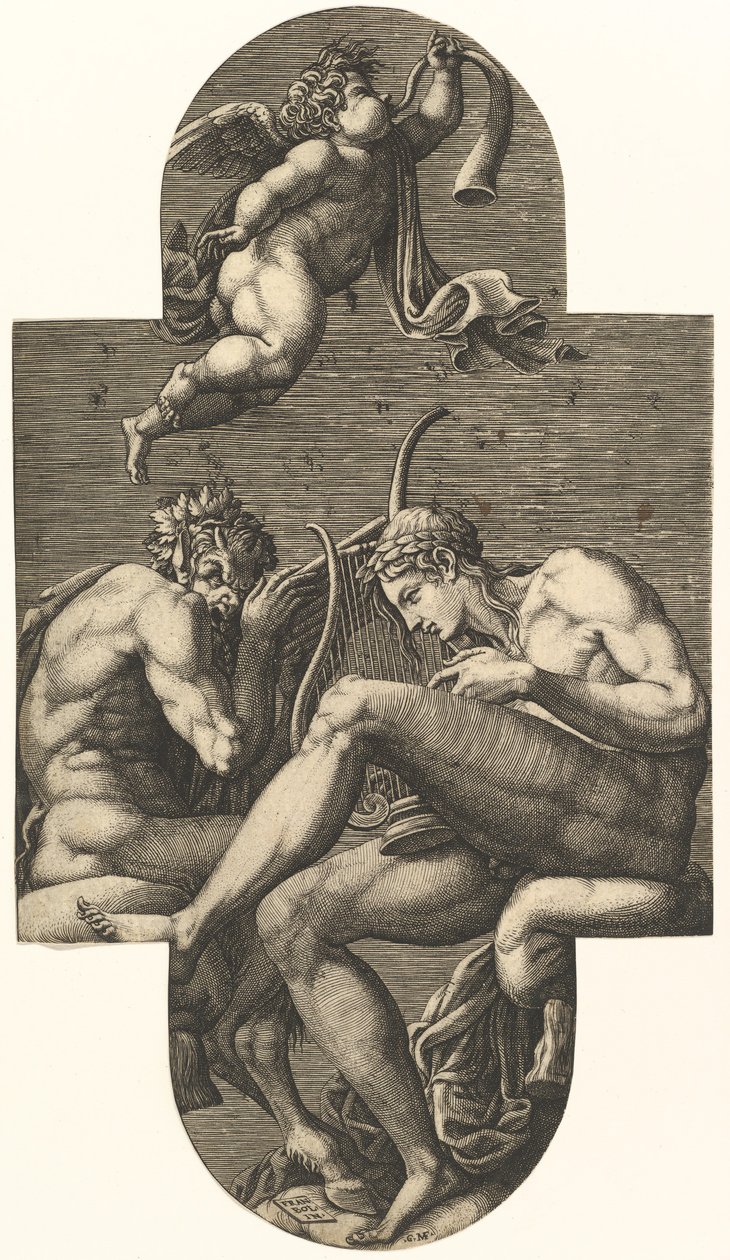 Apollo, Pan, and a Putto Blowing a Horn, from a Series of Eight Compositions After France by Giorgio Ghisi